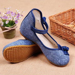 Buckle Strap Wedge High Wedge Heels Shoes Blue Oriental Cotton Fabric