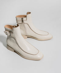 White Chunky Cowhide Leather Zippered Splicing Boots