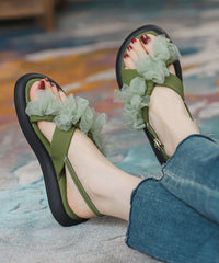 Green Peep Toe Strap Tulle Splicing Genuine Leather Sandals
