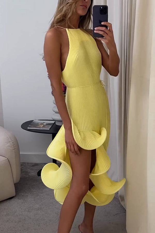 Butter Pleated  Sleeveless Waist Tie Irregular Ruffle Dimensional Hem Midi Dress