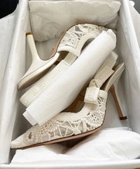 French White Embroidered Lace High Heeled Sandals