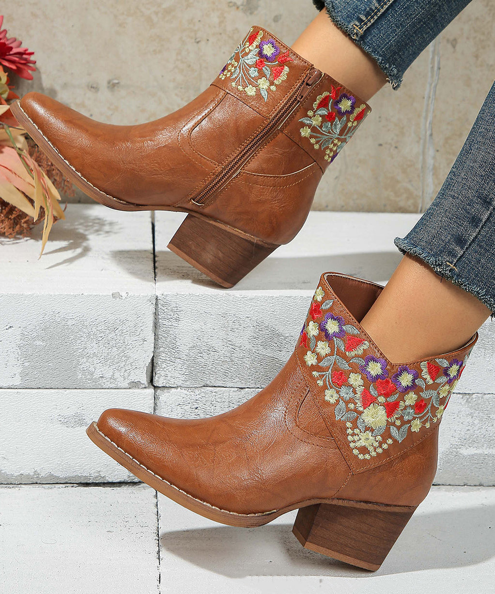 Brown Pointed Toe Splicing Faux Leather Chunky Flat Boots Embossed