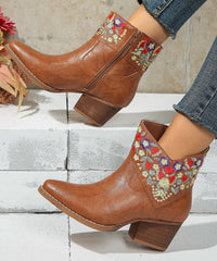 Brown Pointed Toe Splicing Faux Leather Chunky Flat Boots Embossed