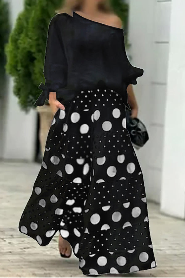 Tie-cuff Loose Top and Polka Dot Print Pocket Wide Leg Pants Set