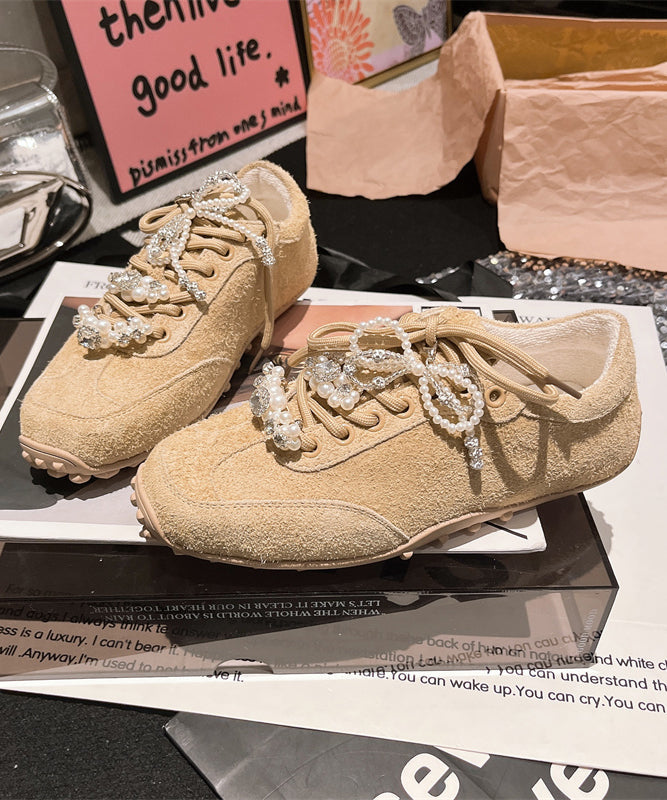 Chic Splicing Flats Purple Suede Lace Up Pearl Zircon