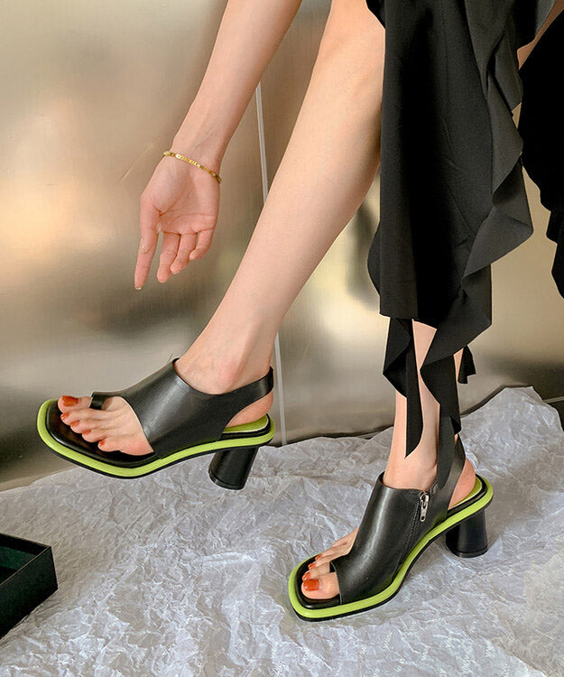 Black Chunky Heel Cowhide Leather Toe Covering Sandals