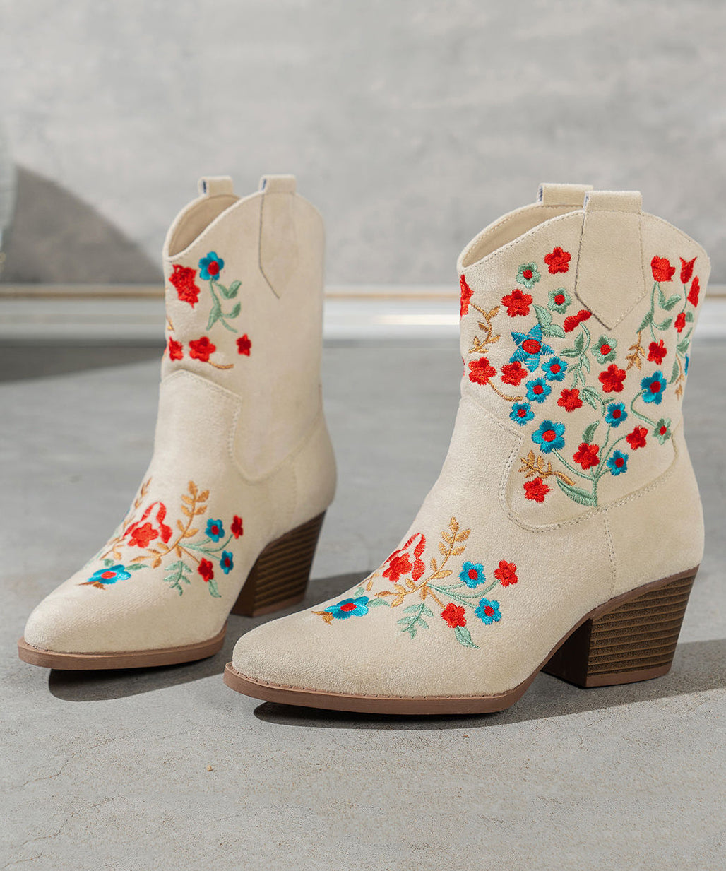 White Embossed Boots Suede Pointed Toe Ankle Boots