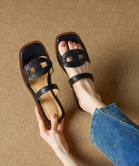 Brown Splicing Cowhide Leather Slide Sandals Peep Toe