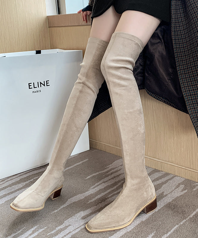 Versatile Black Elastic Fabric Chunky Knee Boots
