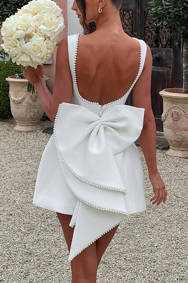 Pearl-embellished Large Bow Slim-fit Mini Dress