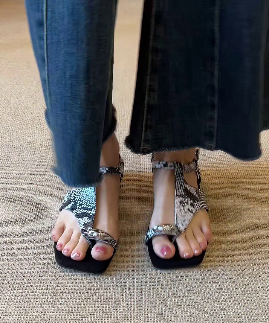 Fashion Black Faux Leather Flip Flops Flat Sandals Splicing