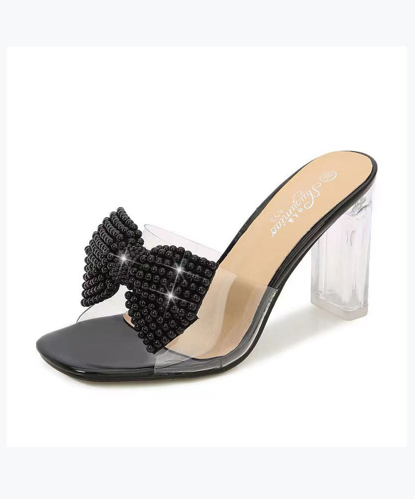 Pink Chunky Heel Flower Open Toe Slide Sandals