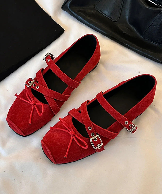 Red Bow Cross Strap Splicing Boutique Suede Wedge Shoes