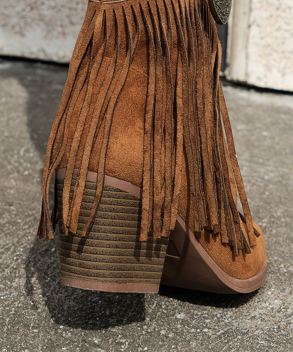 Chic Brown Tasseled Nail Bead Suede Splicing Ankle Boots