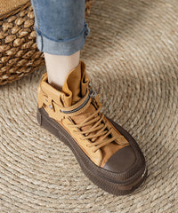 Chocolate Cowhide Leather Splicing Boots Lace Up