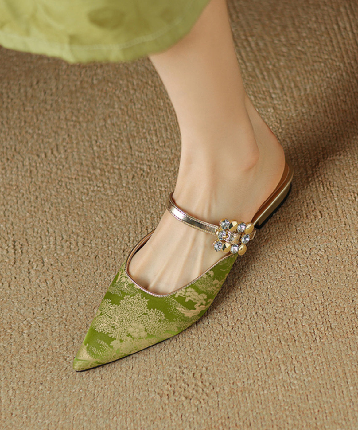 Green Splicing Zircon Slide Sandals Pointed Toe