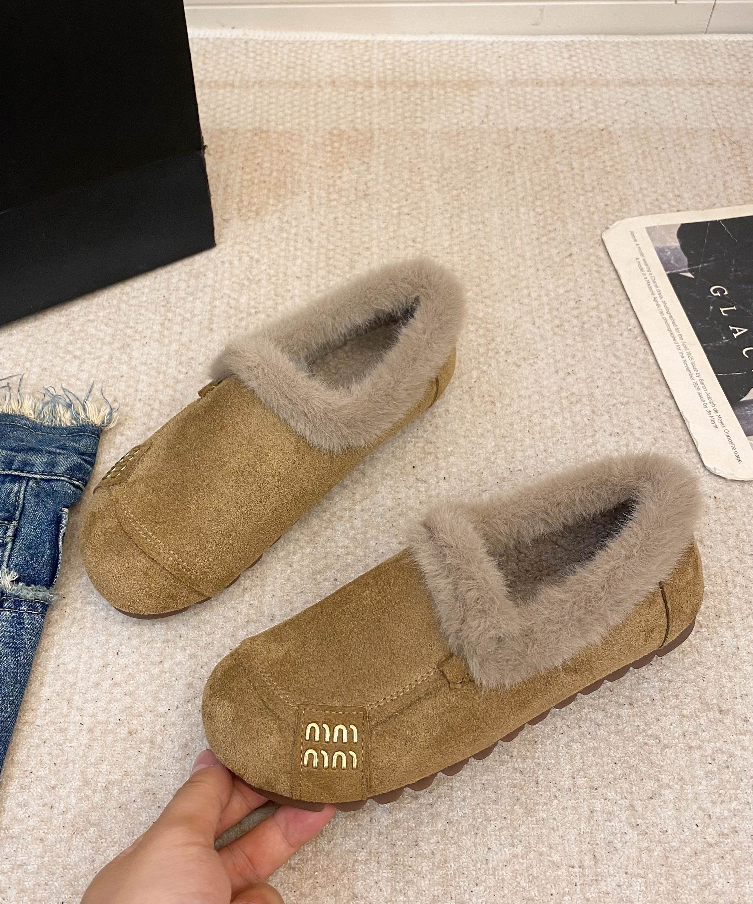 Khaki Suede Splicing Cozy Warm Flats