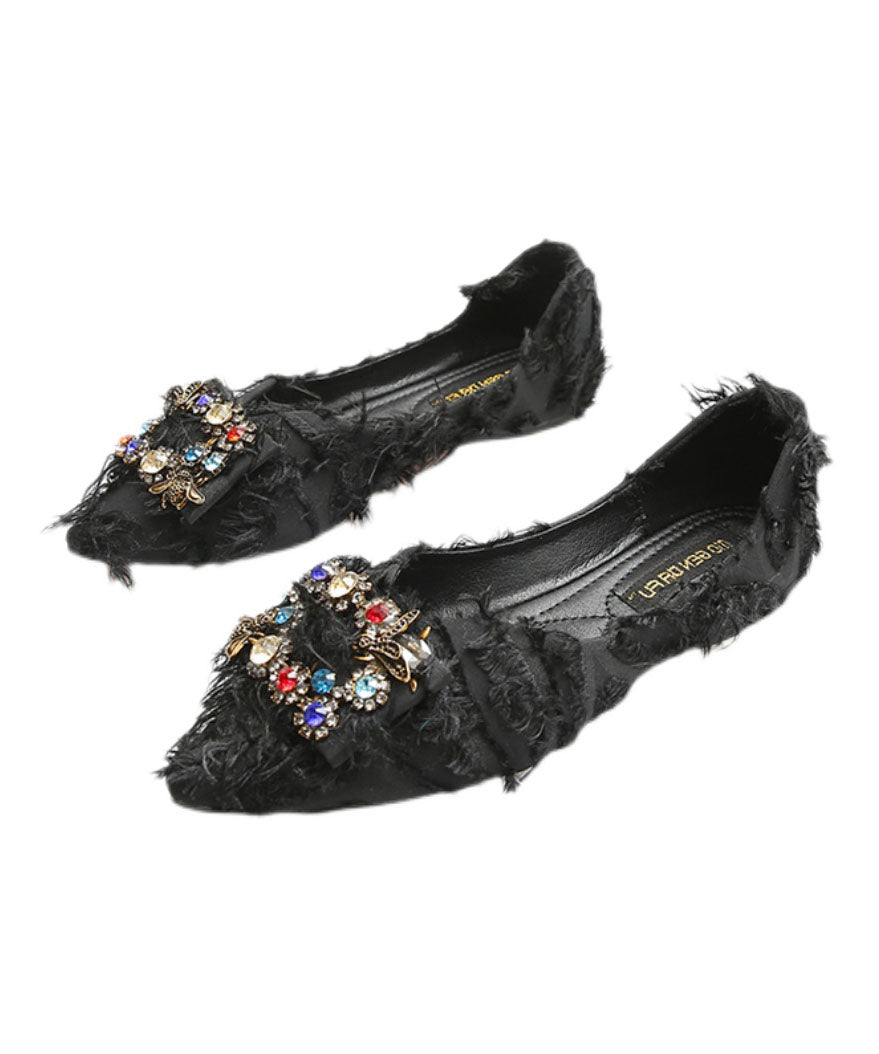 Black Flats Splicing Pointed Toe Sequined Zircon