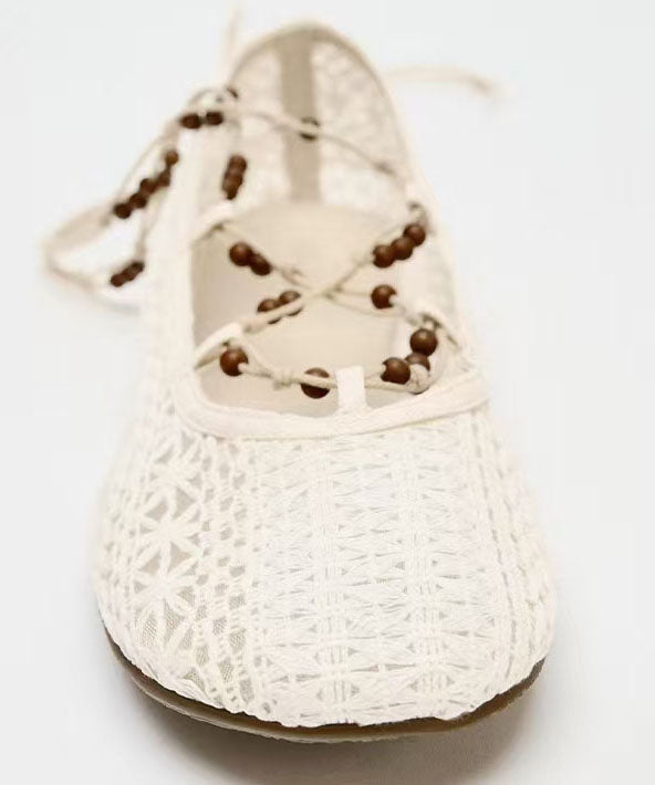 White Knit Fabric Lace Up Hollow Out Flat Shoes
