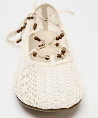 White Knit Fabric Lace Up Hollow Out Flat Shoes