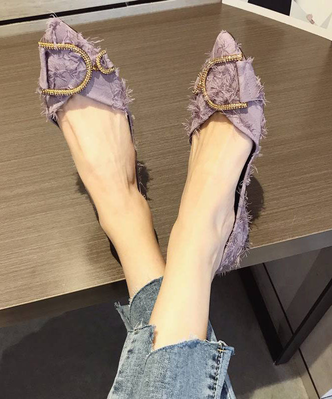 Zircon Splicing Pointed Toe Flat Shoes Purple Cotton Fabric