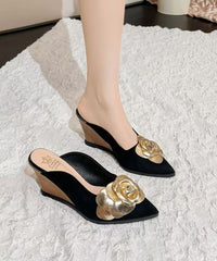 Classy Floral Splicing Wedge Heels Black Suede Slide Sandals