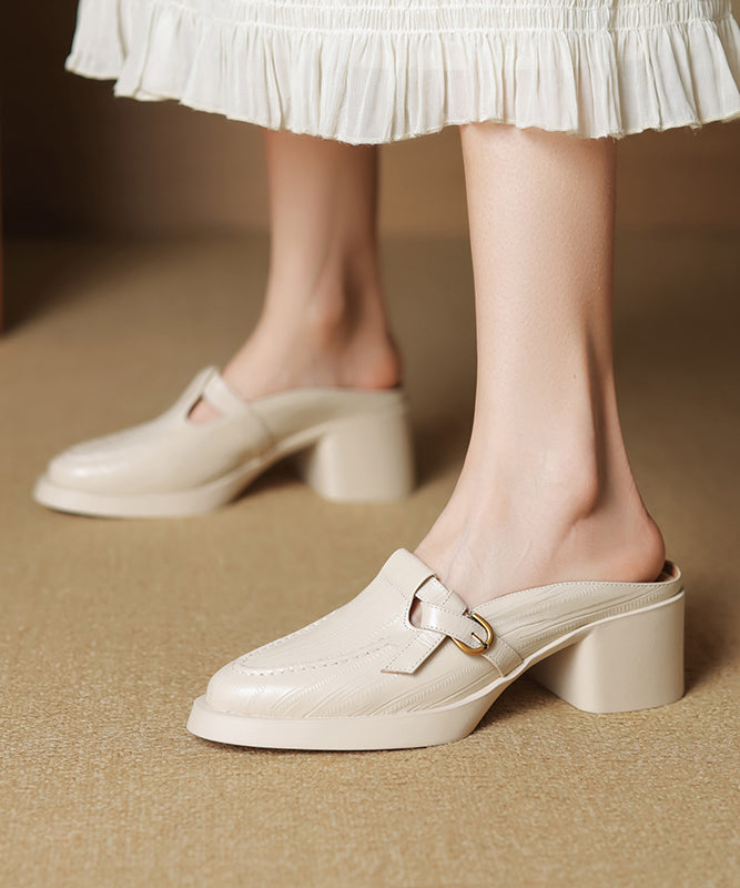 Pink Splicing Chunky Heel Cowhide Leather Slide Sandals