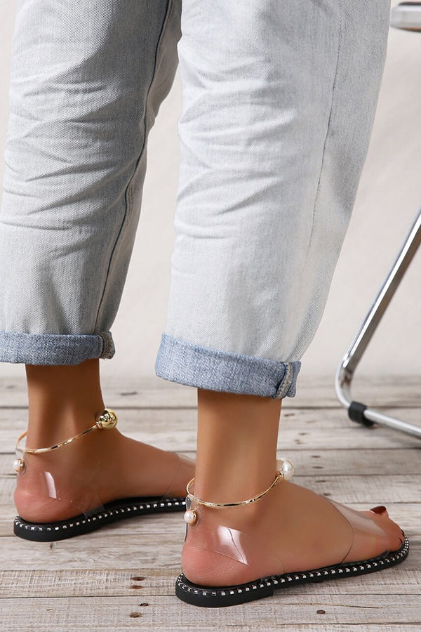 Simple Flat Bottom Pearl Buckle Roman Sandals