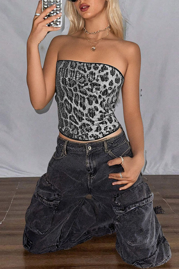 Sequined Leopard Print Off-shoulder Fitted Crop Top