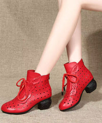 Comfortable Splicing Chunky Boots Red Cowhide Leather Hollow Out Lace Up