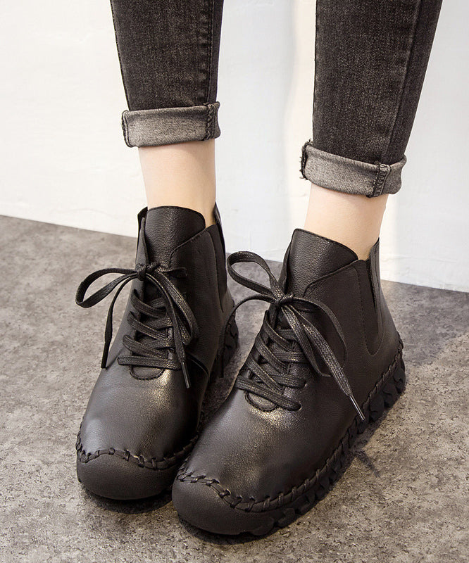 Black Genuine Leather Boots Warm Fleece Lace Up Boots