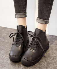 Black Genuine Leather Boots Warm Fleece Lace Up Boots