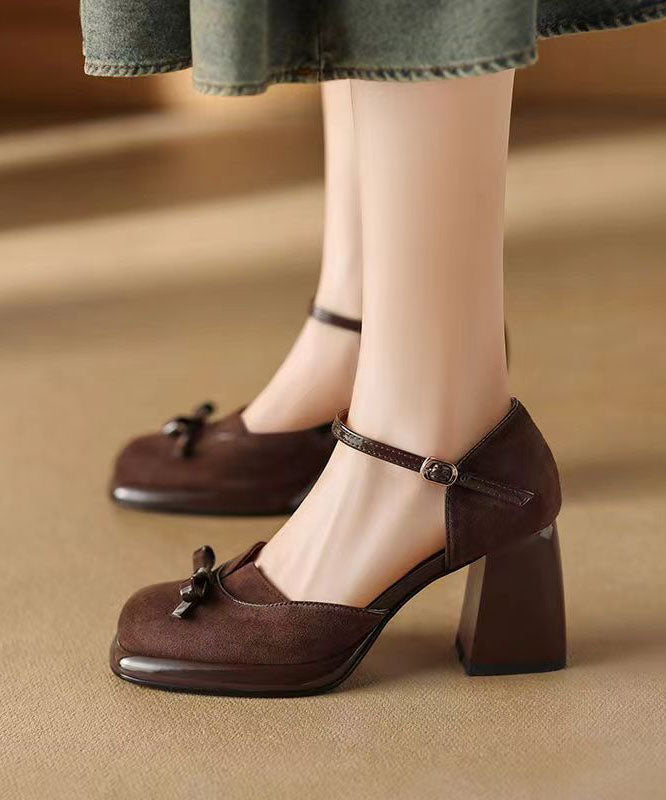 Splicing Buckle Strap Chunky Heel Sandals Brown Suede