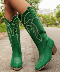 Green Pointed Toe Solid Suede Embossed Chunky Boots