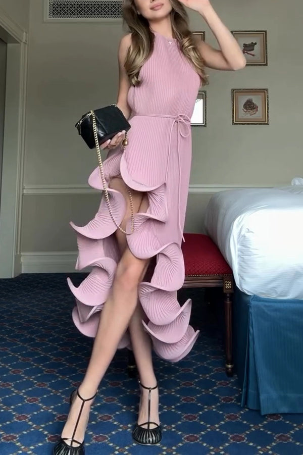 Butter Pleated  Sleeveless Waist Tie Irregular Ruffle Dimensional Hem Midi Dress