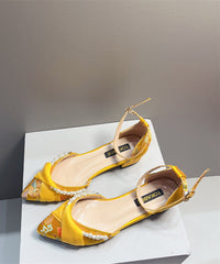 Yellow Embroidered Pearl Chunky Heel Sandals Pointed Toe