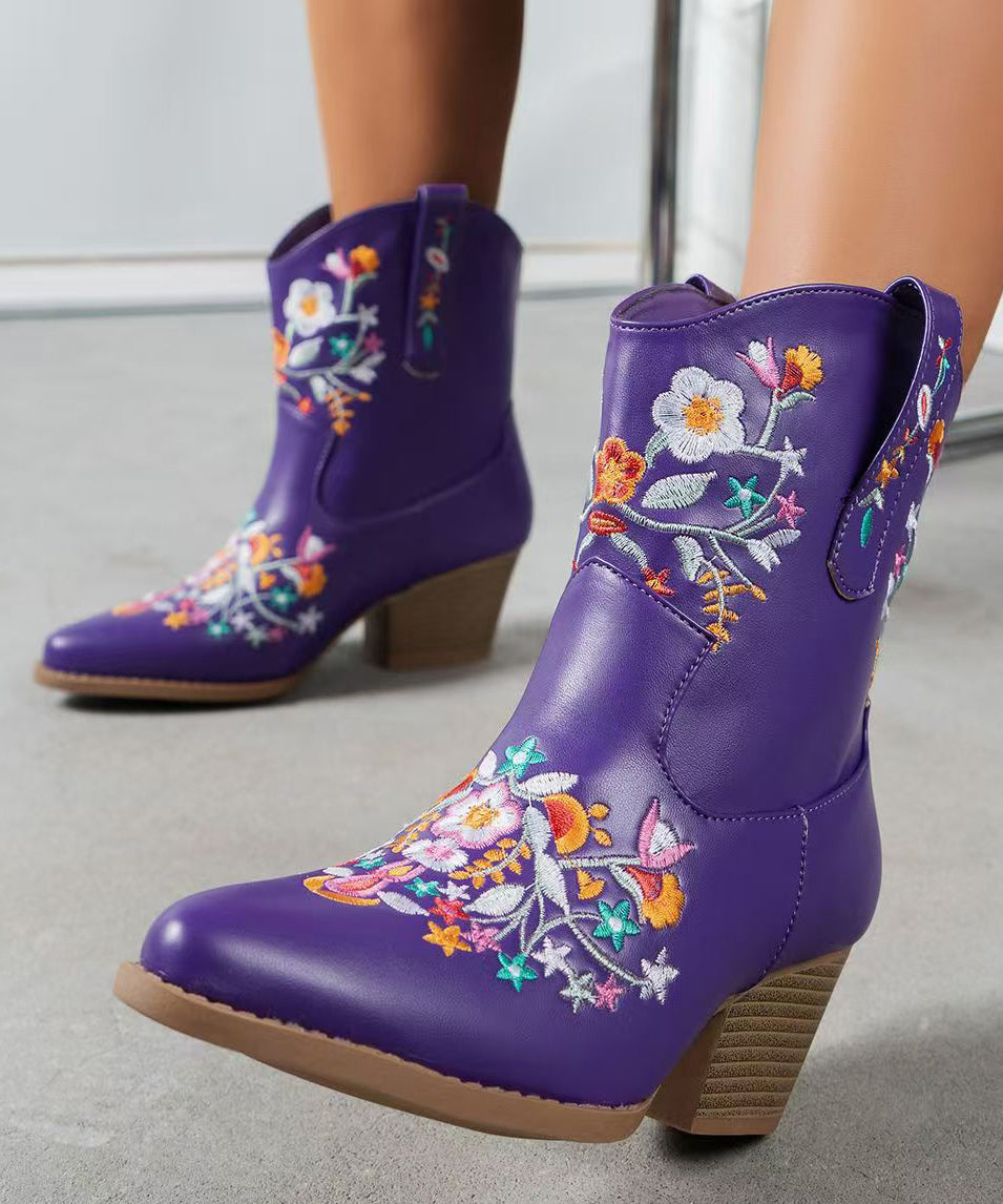 Purple Embossed Solid Faux Leather Chunky Boots