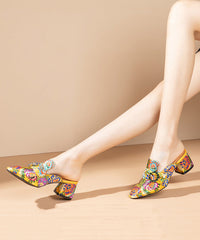 Yellow Embroidered Zircon Satin Chunky Sandals