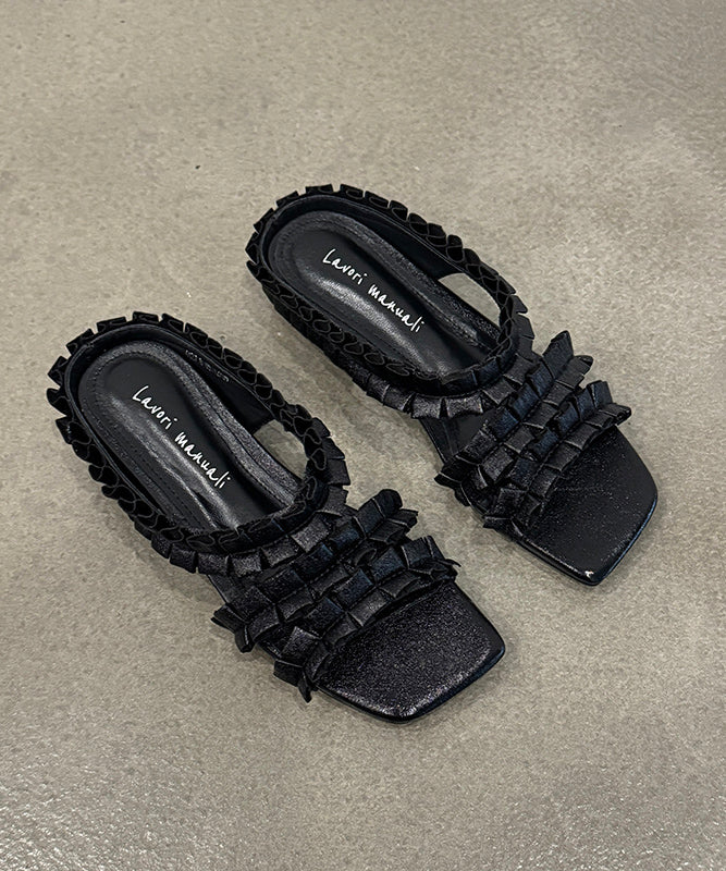 New Black Wrinkled Sheepskin Slide Sandals Peep Toe