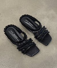 Black Wrinkled Sheepskin Slide Sandals Peep Toe