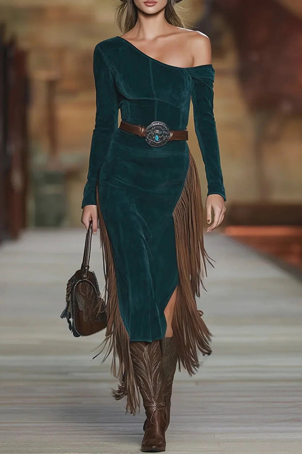 Slant Collar Long Sleeve Slim Fit Tassel Midi Dress