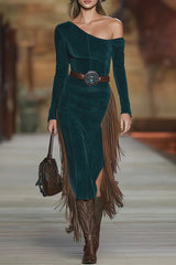 Slant Collar Long Sleeve Slim Fit Tassel Midi Dress