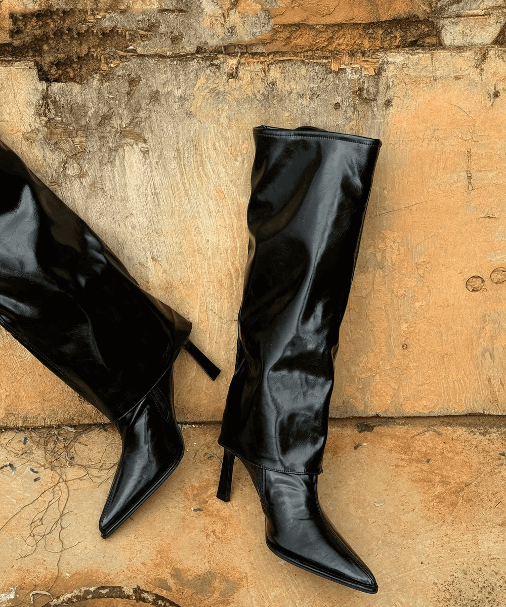 Black Faux Leather Stiletto Heels Boots Splicing