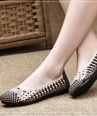 Handmade Pointed Toe Flat Shoes For Beige Chocolate Knit Fabric Flats