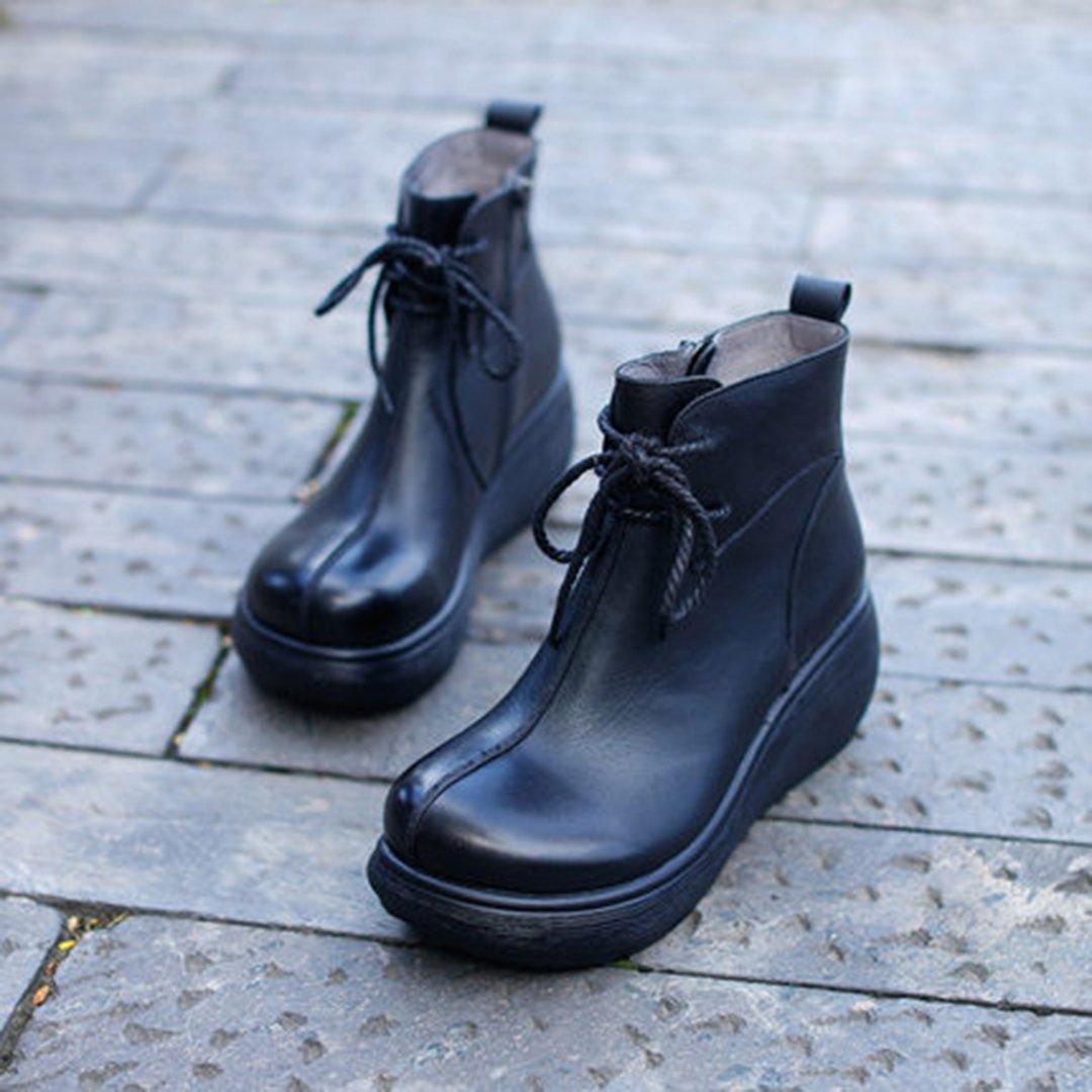 Cozy Platform Leather Solid Lace Up Boots