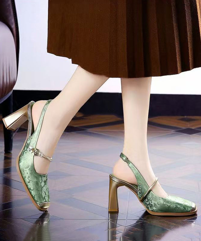 Retro Green Print Faux Leather Splicing Chunky Heel Sandals