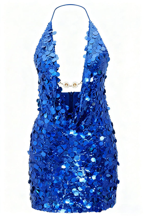 Halter Neck Sequined Open Back Mini Dress