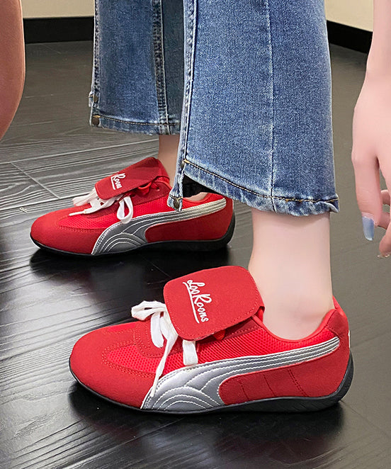 Red Suede Sport Flat Shoes For Splicing Lace Up