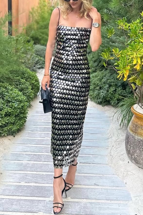 Sequined Halter-neck Backless Slim Fit Slit Midi Dress
