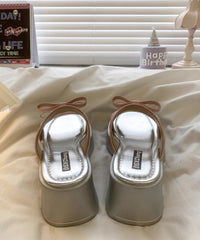 Black Bow Splicing Stylish Faux Leather Chunky Slide Sandals